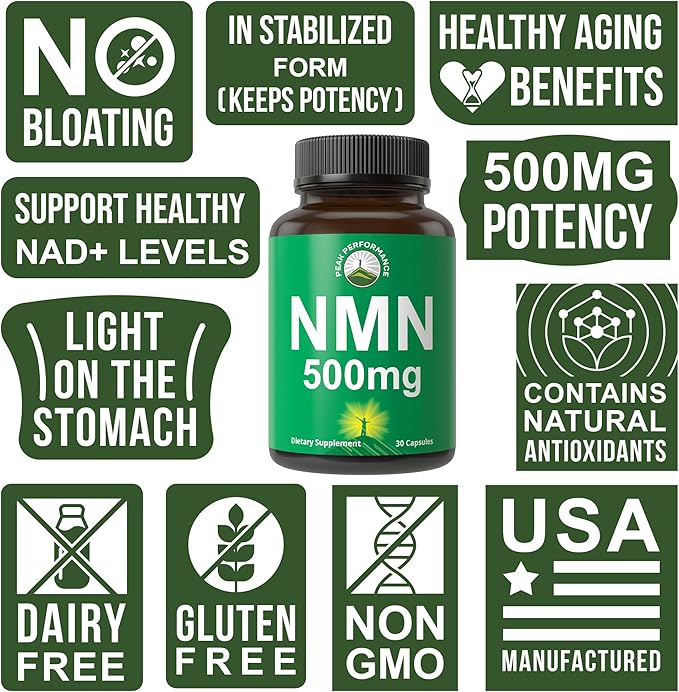 NMN Supplement Ultra High Strength Stabilized Nicotinamide Mononucleotide 500mg Per Capsule. 2 Capsules = 1000mg of NMN. Boost NAD Levels. Healthy Aging NAD+ Supplements for Men and Women