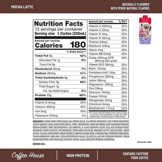 Bundle SlimFast High Protein Meal Replacement Powder Caffeine Mocha Cappuccino 21 Servings + Protein Shake Mocha Latte- 20g Protein Meal Replacement Shake Ready to Drink 11 Fl Oz (Pack of 12)