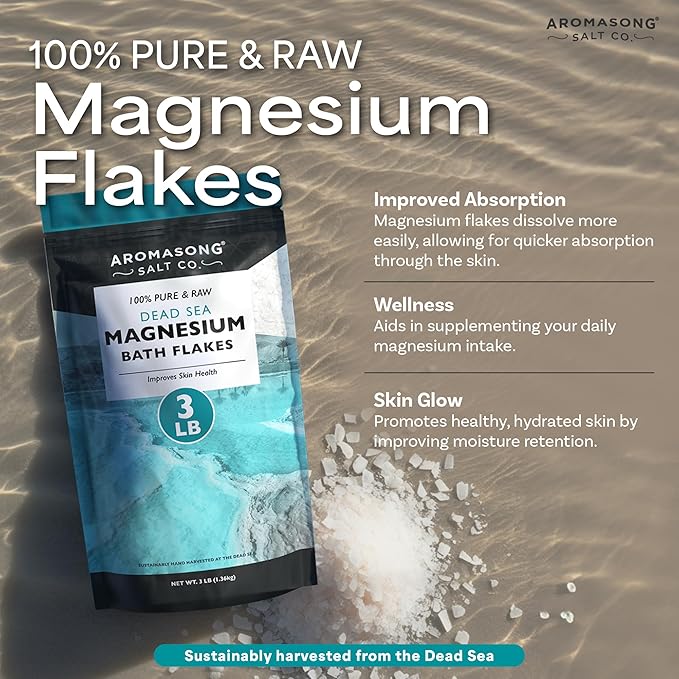 Aromasong Ultimate Magnesium Bundle: 3lb Dead Sea Magnesium Flakes + 100% Pure Dead Sea Magnesium Oil Spray for Relaxation and Wellness