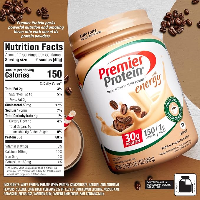 Premier Protein Powder Café Latte 30g Protein 95mg Caffeine for Energy No Added Sugar 100% Whey Protein Keto Friendly Soy &amp Gluten Free 23.9 oz (17 Servings)