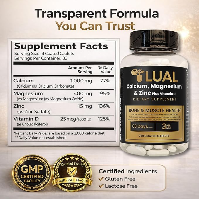Calcium Magnesium Zinc &amp Vitamin D3.LUAL Calcium Magnesium Zinc with Vitamin D – Bone &amp Muscle Support Supplement for Adults 250 Coated Caplets Dietary Supplement 250 Count