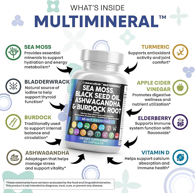 Clean Nutraceuticals Sea Moss Black Seed Oil Ashwagandha Turmeric Bladderwrack Burdock &amp Vitamin C Vitamin D3 with Elderberry Manuka Dandelion Yellow Dock Iodine Chlorophyll ACV - 2Pack