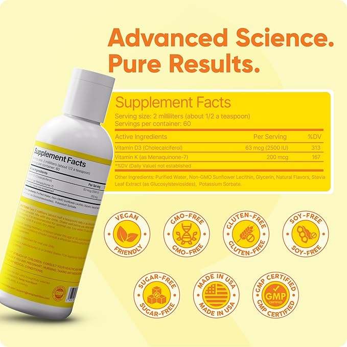 Liposomal D3 K2 Liquid – Vitamin D3 2500IU + K2 MK-7 200mcg – Bone Density Calcium Absorption &amp Immune Support – Liquid Vitamin D Drops – Vegan Non-GMO – 60 Servings