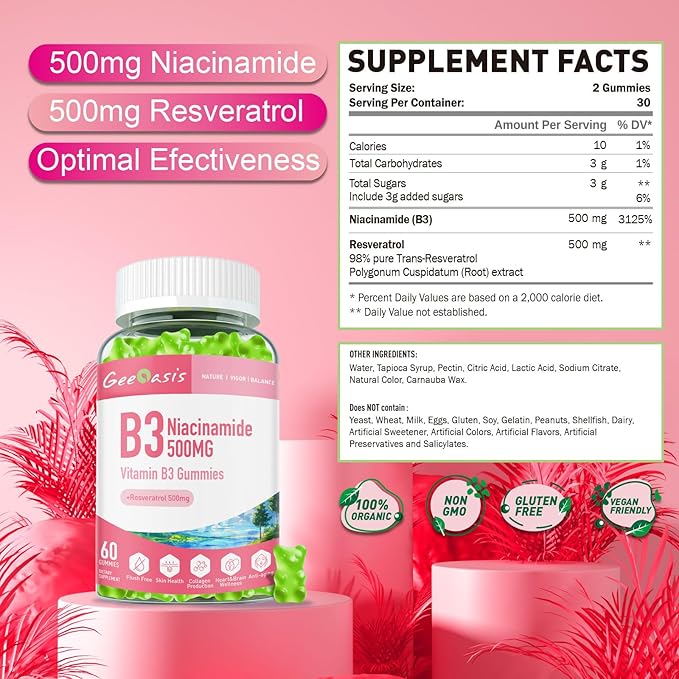 Niacinamide 500mg &amp Liposomal NAC Gummies Chewable Vitamin B3 &amp N-Acetyl Cysteine Supplement Antioxidant Immune Support