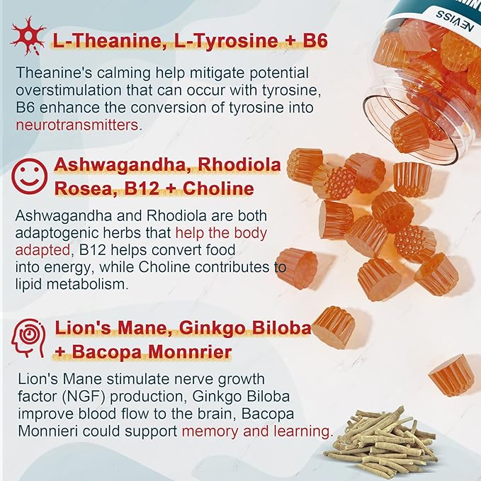 NEVISS L-Tyrosine Gummies &amp Melatonin 60mg for Adults Bundle