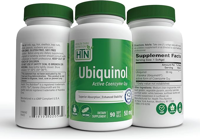 Health Thru Nutrition Ubiquinol 50mg 90 Softgels as Kaneka QH Reduced CoQ-10 | Stabilized - 3rd Party Tested | Enhanced Bioavailability | Cardiovascular &amp Mitochondria Function Support | Non-GMO