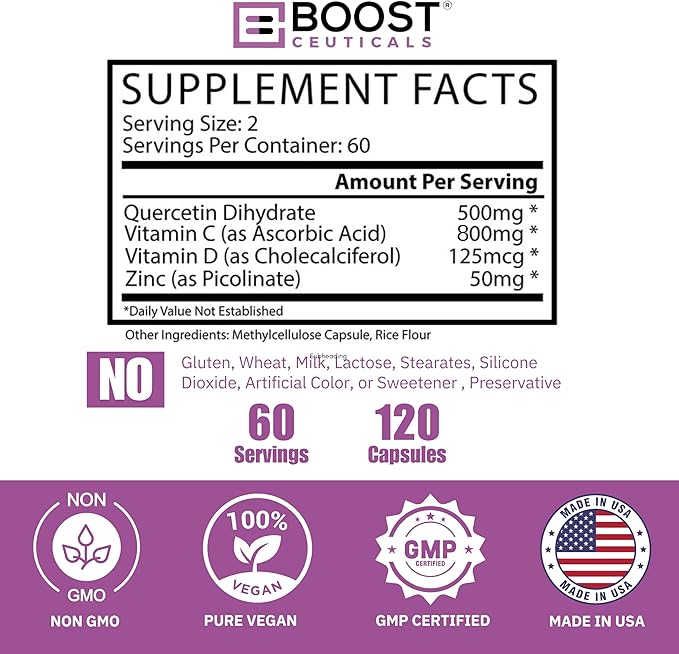 BoostCeuticals Quercetin Dihydrate 500mg Zinc Picolinate 50mg - Vitamin C 800mg D3 5000IU Histamine Support - High Dose Vegan Non GMO Immune Complex -120 Capsules 60 Servings