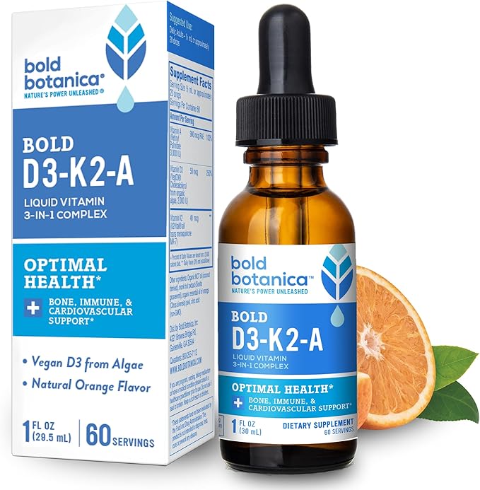 Bold Botanica Vitamin D3-K2-A Liquid Drops for Adults and Kids – 2500 IU Vegan D3 from Algae with K2 (MK7) &amp A 3-in-1 Complex for Immune Bone &amp Heart Support Orange Flavor – 1 FL OZ 60 Ser