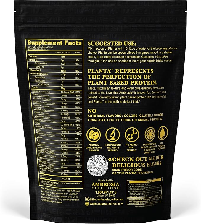 Ambrosia Planta - Premium Plant-Based Protein | Vegan &amp Keto Friendly | Gourmet Flavors with No Bloating or Stomach Upset | Gluten &amp Soy Free | No Added Sugar | 14 Servings | (Vanilla)