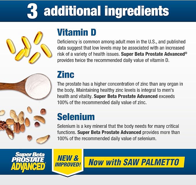 SUPER BETA PROSTATE Advanced with Saw Palmetto - Prostate Health Supplements for Men Bladder &amp Urinary Support with Beta-sitosterol Reishi Saw Palmetto Vitamin D Zinc Oxide Selenium - 240 Co