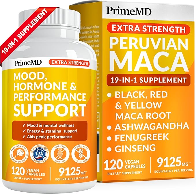 19-in-1 Extra Strength Peruvian Maca Root Capsules - 9125 mg Ashwagandha Supplements with Fenugreek and Ginseng for Mood Hormone and Performance Support (120 ct)