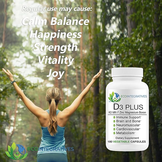 EcoIntegratives Bio-D3 Plus Boron Vitamin K2 Magnesium &amp Zinc-Supports Cardiovascular Nerves Muscles Bone Teeth Gums Immune Health Tissue Repair Balance Hormones Metabolism 180 Vegan caps
