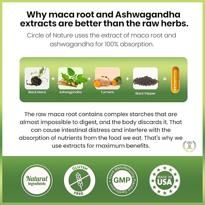 Maca Root Ashwagandha Root Extract Capsules for Men &amp Women with Turmeric Curcumin and Bioperine 120 Capsules Made in USA