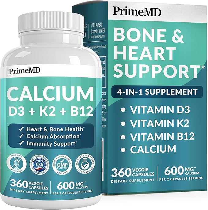 4-in-1 Calcium Supplements for Women and Men - Calcium with Vitamin D3 K2 5000 IU Supplement 601mg per Serving for Heart Bones &amp Body Defenses - Gluten-Free Vegan-Friendly (360 ct) (Pack of 1)