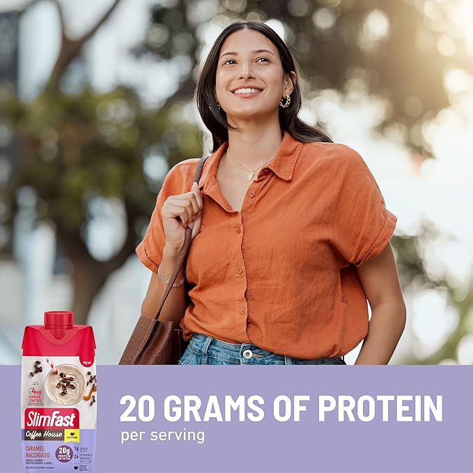 SlimFast Protein Shake with Caffeine Caramel Macchiato- 20g Protein Meal Replacement Shakes High Protein with Low Carb and Low Sugar 24 Vitamins and Minerals 12 Count (Pack of 1)