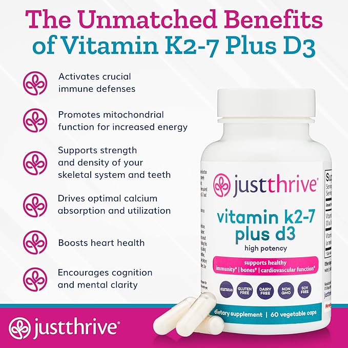Just Thrive Vitamin K2-7 Plus D3 - Immune Heart and Bone Health Supplement 60 Vegetable Capsules
