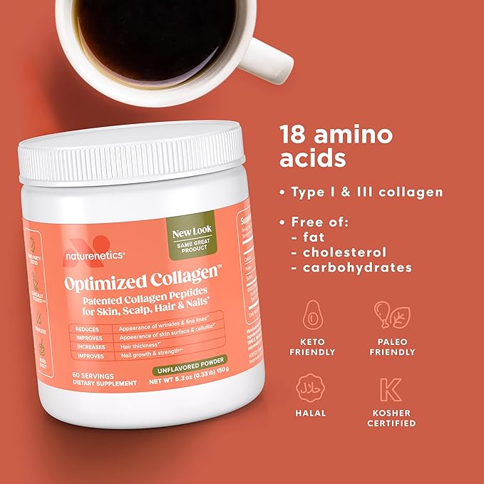 Naturenetics Hair Skin &amp Nails Collagen Peptides – Supports Skin Hydration &amp Hair Strength – Bioavailable Hydrolyzed Collagen – Unflavored Easy to Mix – Paleo &amp Keto-Friendly – 60 Servin