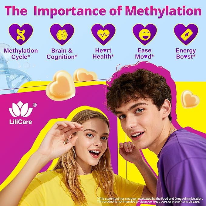 L-MethylFolate 15mg 7.5mg &amp B12 1000 mcg Gummies Methylated B Complex + TMG Magnesium Choline - Active 5-MTHF(B9) + Methyl B12 B6 Multivitamin - Support Methylation Cognition Mood Sugar Fr