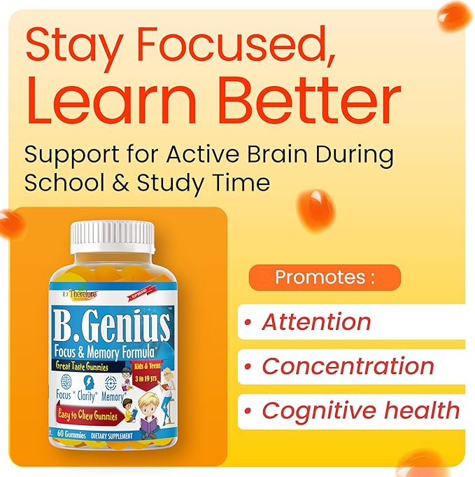 B.Genius Focus Gummies for Kids &amp Teens – Kids Focus and Attention Supplements – Memory &amp Concentration –Plant-Based Focus Supplement for Clarity Learning &amp Cognitive Health-60ct