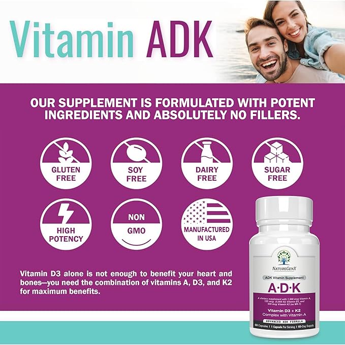 ADK Vitamin Supplement - Enhanced Bone Health with High Potency Vitamins A D3 K2 Gluten-Free 60 Capsules (Pack of 2)