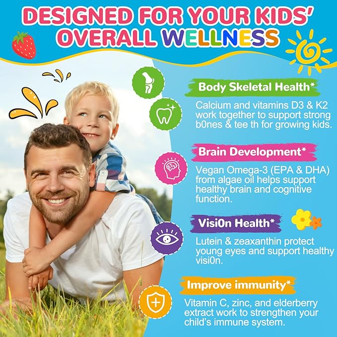 Kids Calcium Citrate Gummies: Organic Chewable Calcium Supplement with Vitamin D3 K2 Magnesium Zinc Vegan Omega Probiotic - Sugar Free High Absorption Gummy for Kids Overall Health (60Count)