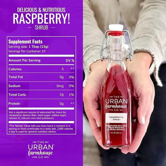 The Urban Farmhouse Co Organic Vinegar Shrub – Raspberry 9 oz Bottle – Small Batch Drinking Vinegar with Apple Cider Vinegar &amp Whole Berries – Cocktail Mixer Gut Health Tonic No Sugar Added