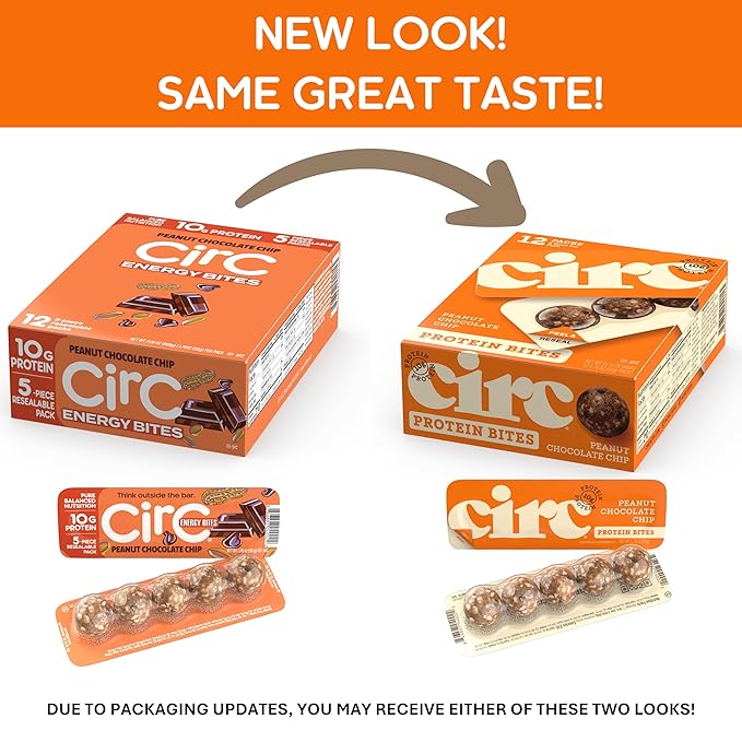 CirC Energy Bites - 12 Pack Peanut Chocolate Chip Gluten Free Protein Balls - 10g Protein Whole Grains Nuts &amp Fruit - Portable Healthy Snacks for Adults &amp Kids 5 Piece Resealable Packs