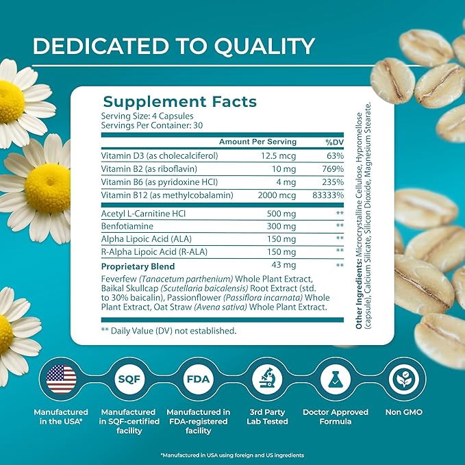 PUREHEALTH RESEARCH Nerve Regen Formula - Nerve Support Supplement for Feet &amp Hands - with Alpha Lipoic Acid ALA Benfotiamine Acetyl L-Carnitine Riboflavin Vitamin B6 B12 D &amp More - 120
