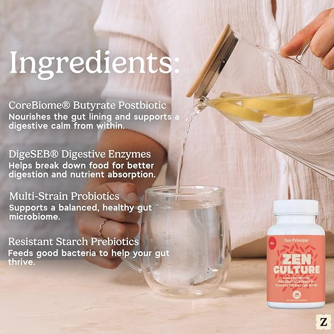 Zen Principle Zenculture™ – 4-in-1 Synbiotic Supplement (Probiotic + Prebiotic + Postbiotic + Digestive Enzymes) with CoreBiome®. Anti Bloating Immune &amp Brain-Gut Health. 60 Capsules