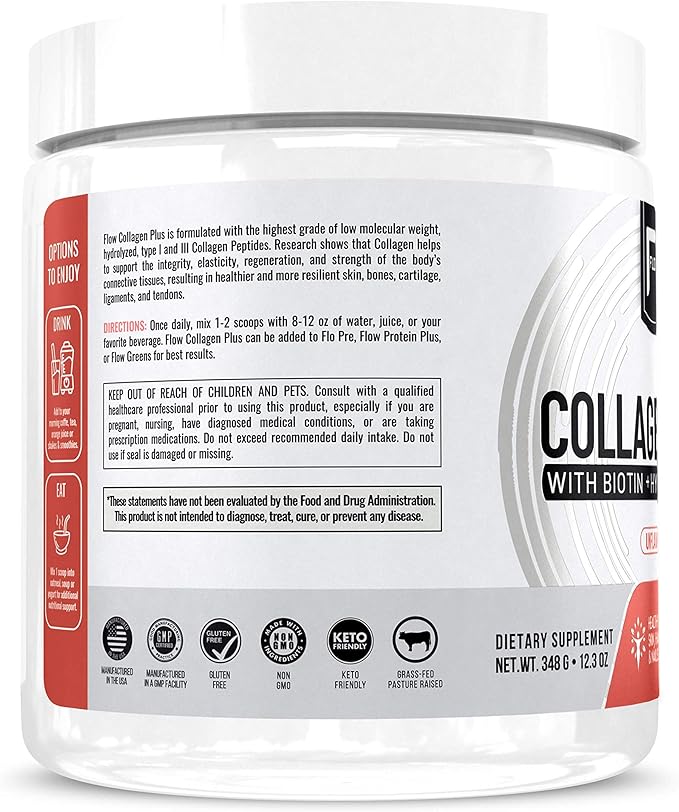 Flow Supplements Collagen Peptides Protein Powder Collagen Supplements with Hyaluronic Acid + Biotin Hydrolyzed Collagen Peptides Multi Collagen Powder Type I and III - 348 Gram (Pack of 1)