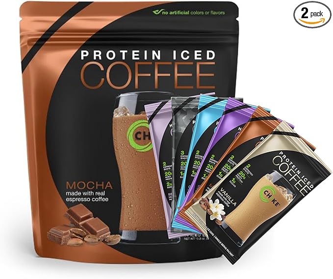 Chike High Protein Iced Coffee Sampler Pack and Mocha Bundle 20 G Protein 2 Shots Espresso 1 G Sugar Keto Friendly and Gluten Free 14 Serving Bag and 6 Sample Packets 20 Servings