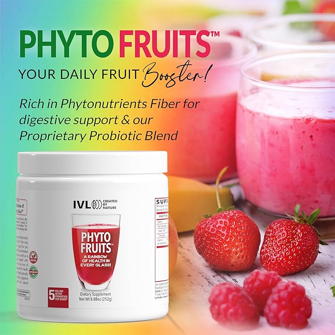 IVL - Phyto Fruits Superfood Powder - Support Energy - Digestive &amp Probiotic - Antioxidant - Vegan - 40 Fruits and Nutrients Plus 6 Probiotic Strains (30 Servings 8.88 oz)