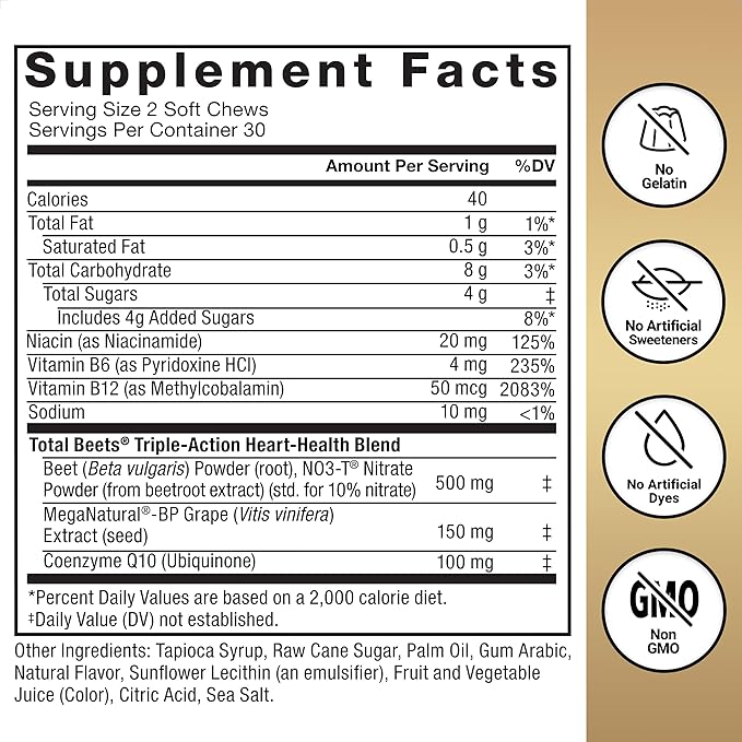 Bundle of Force Factor Total Beets Ultimate Heart Health Blood Pressure Support Chews with CoQ10 Beet Root Powder Grape Seed Extract Blood Pressure Supplement for Circulation &amp Blood Flow 120