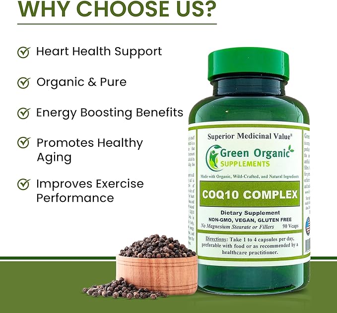 Green Organic Supplements Coq 10 Complex Ubiquinone 90 VCaps High Absorbable Non-GMO Gluten-Free (Pack of 4)