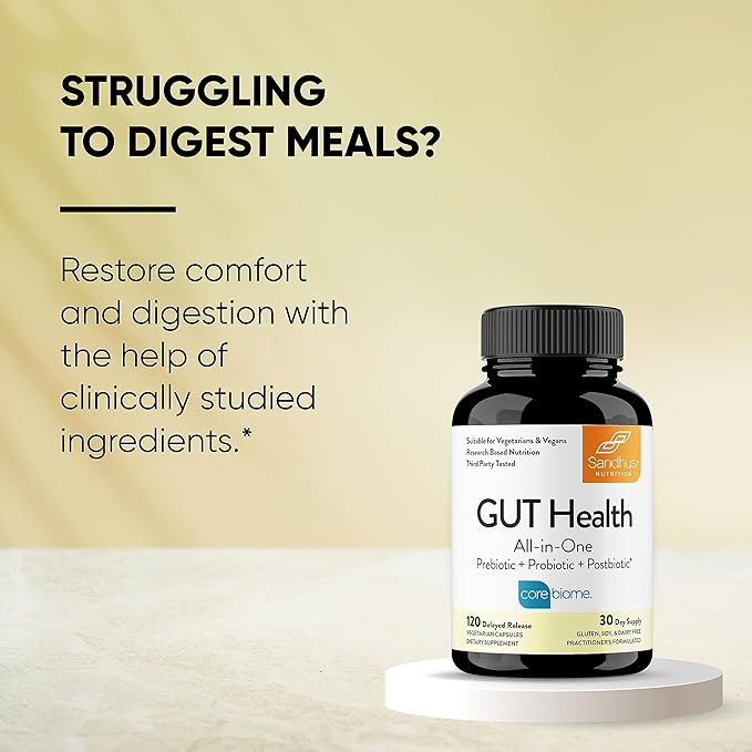 Sandhu's Gut Health - Prebiotic Probiotic Postbiotic &amp L-Glutamine | Digestive Health Colon Probiotic Total Supplements | 120 Delayed Release Capsules