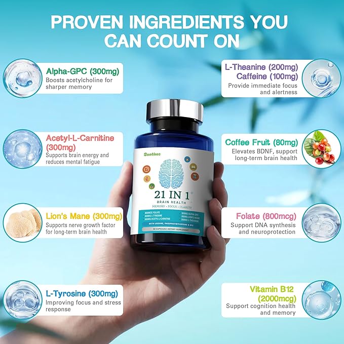 Brain Supplements for Memory and Focus 21-in-1 Brain Supplement for Mental Alertness Cognitive with 300mg Alpha-GPC 300mg Lion’s Mane L-Theanine Phosphatidylserine Vitamins B6 B12 90 Capsules