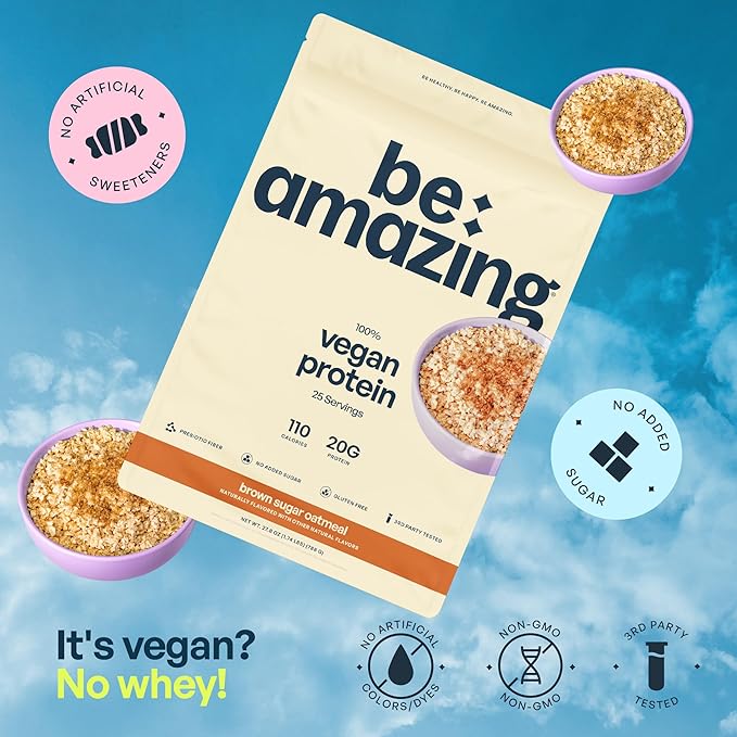 BE AMAZING Vegan Protein Powder Brown Sugar Oatmeal 20g Plant Based Protein with Prebiotic Fiber Low Carb Dairy and Gluten Free Shake Mix No Added Sugar 29.3 oz 25 Servings