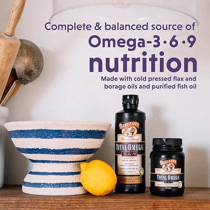 Barlean's Total Omega 3 6 9 Liquid Fish Oil Supplement with Borage and Flaxseed Oil 6468 mg of Omegas EPA DHA ALA and GLA for Joint and Heart Health 16 oz