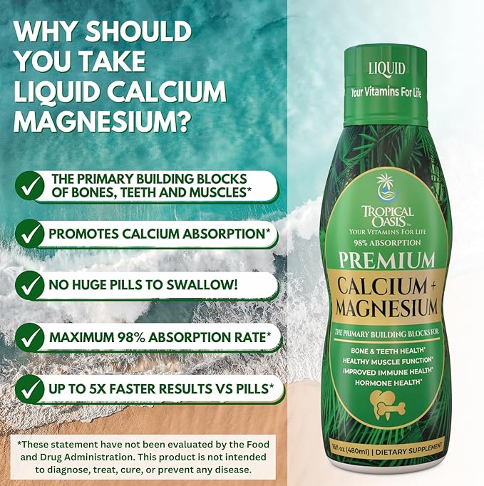 Premium Liquid Calcium Magnesium Supplement | Promotes Strong Bones &amp Healthy Teeth | Natural Liquid Vitamin w/Calcium Magnesium Citrate Boron &amp Vitamin D3 | 98% Max Absorption | 16oz 32 Se