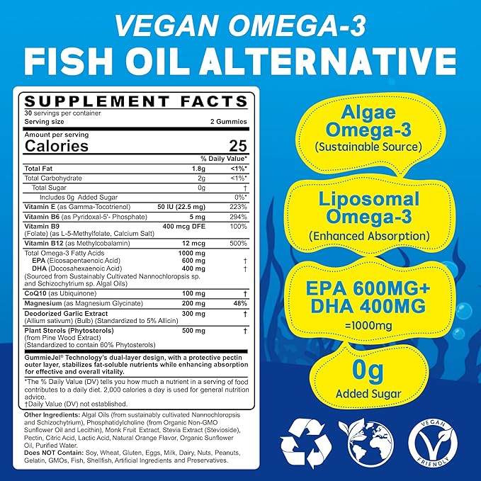 2 Pack Creatine Monohydrate Gummies + 1 Pack Vegan Algae Omega-3 1000mg Gummies
