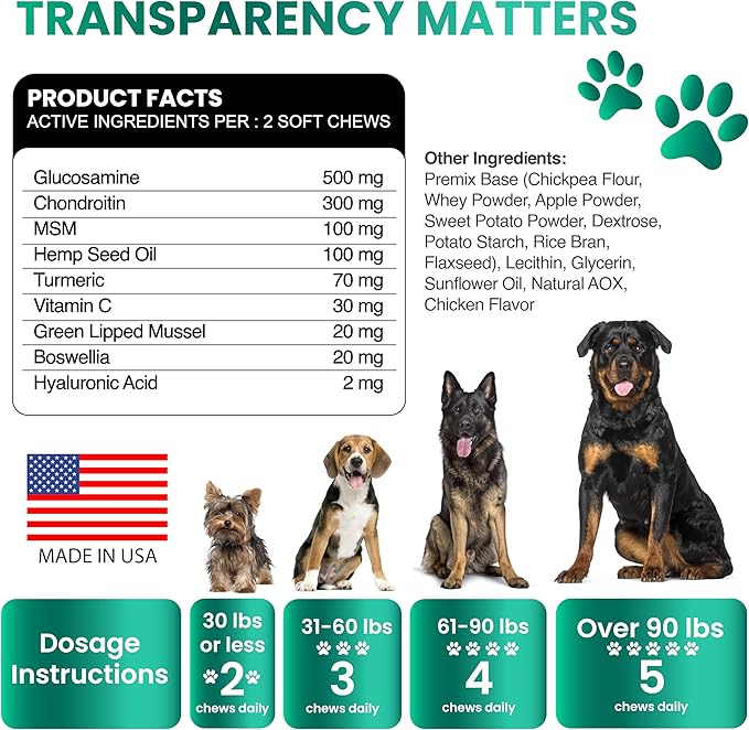 Hemp Hip and Joint Supplement for Dogs - Glucosamine for Dogs - 170 Joint Pain Relief Treats - Chondroitin MSM Hemp Oil - Advanced Health Supplement - Mobility Support Chews - Made in USA