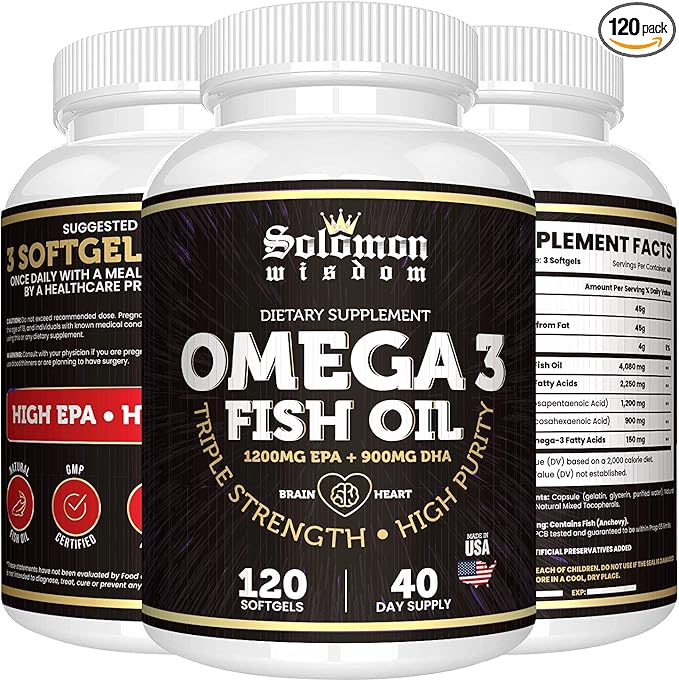 SOLOMON WISDOM Omega 3 Fish Oil - Dietary Supplement for Healthy Heart &amp Brain - 120 Soft Gel Capsules with High EPA 1200mg &amp DHA 900mg - Burpless Odorless with Natural Lemon Flavor