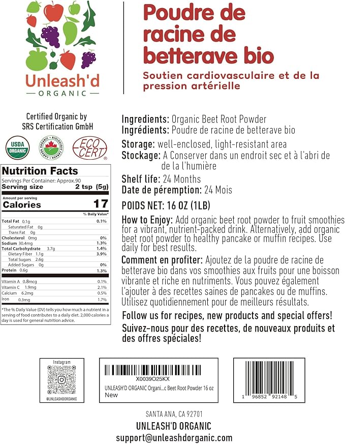 Unleash’d Organic Beet Root Powder 16oz – Raw Non-GMO Superfood Natural Nitric Oxide Booster for Energy Stamina &amp Circulation Support