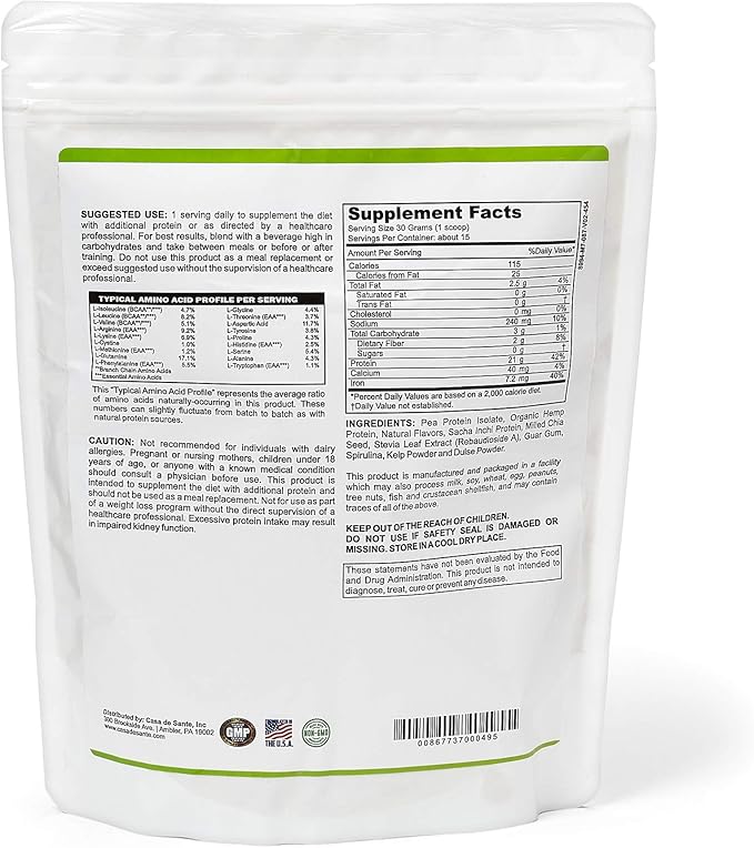 Casa de Sante Vegan Protein Vanilla - GLP-1 Support Low FODMAP Gut Friendly Plant Protein Powder - 21g Protein - MD PhD Formulated - Pea Hemp Sacha Inchi - 16 oz