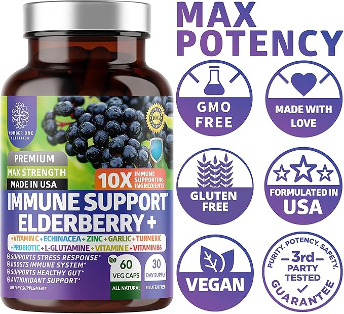 Number One Nutrition N1N Premium Magnesium Citrate [1250mg] and Elderberry Immune Support [10 Potent Ingredients] 2 Pack Bundle