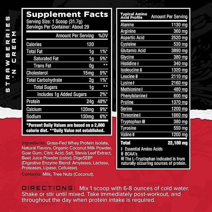 Unmatched Isolate Grass Fed Whey Protein | Muscle Build &amp Recovery | Gluten &amp Lactose Free | Natural Flavors &amp Sweeteners | 24g Protein | 29 Servings (Strawberries 'N Cream)