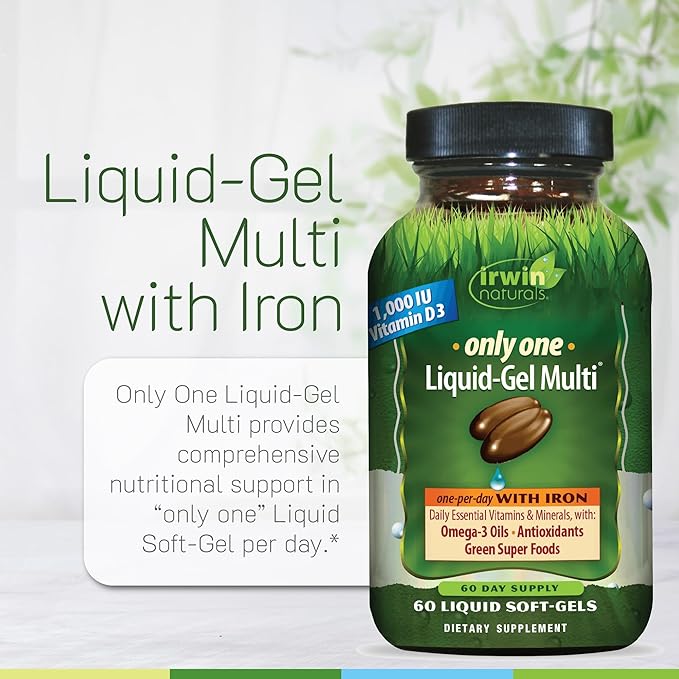 Irwin Naturals Only One Liquid-Gel Multi - 60 Softgels - One-Per-Day Multivitamin with Iron Omega-3 Oils Antioxidants &amp Green Super Foods