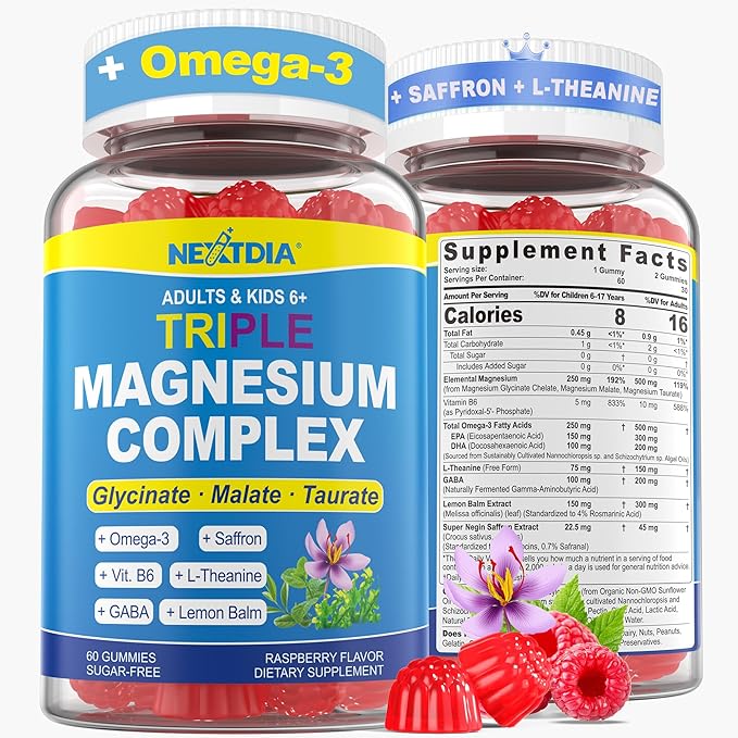 Magnesium Glycinate Gummies + Omega-3 Saffron for Kids 6+ &amp Adults Kids Focus Calm Magnesium Gummies Sugar Free Triple Magnesium Complex 500mg/250mgGlycinate Malate Taurate Theanine1P