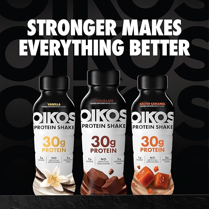 Oikos Protein Shake Chocolate 30g High Protein Drinks Shelf Stable Ready to Drink 5g Prebiotic Fiber 12 fl oz Bottle 12 Count