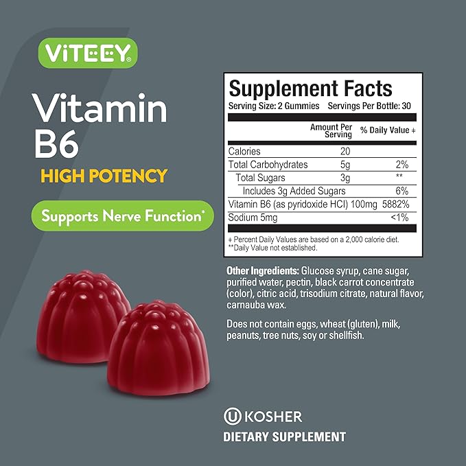 Viteey Vitamin B6 Gummies - Energy Nerve &amp Mood Support - B6 Vitamins 100mg - Vegan Gluten Free GMO Free - 120 Count